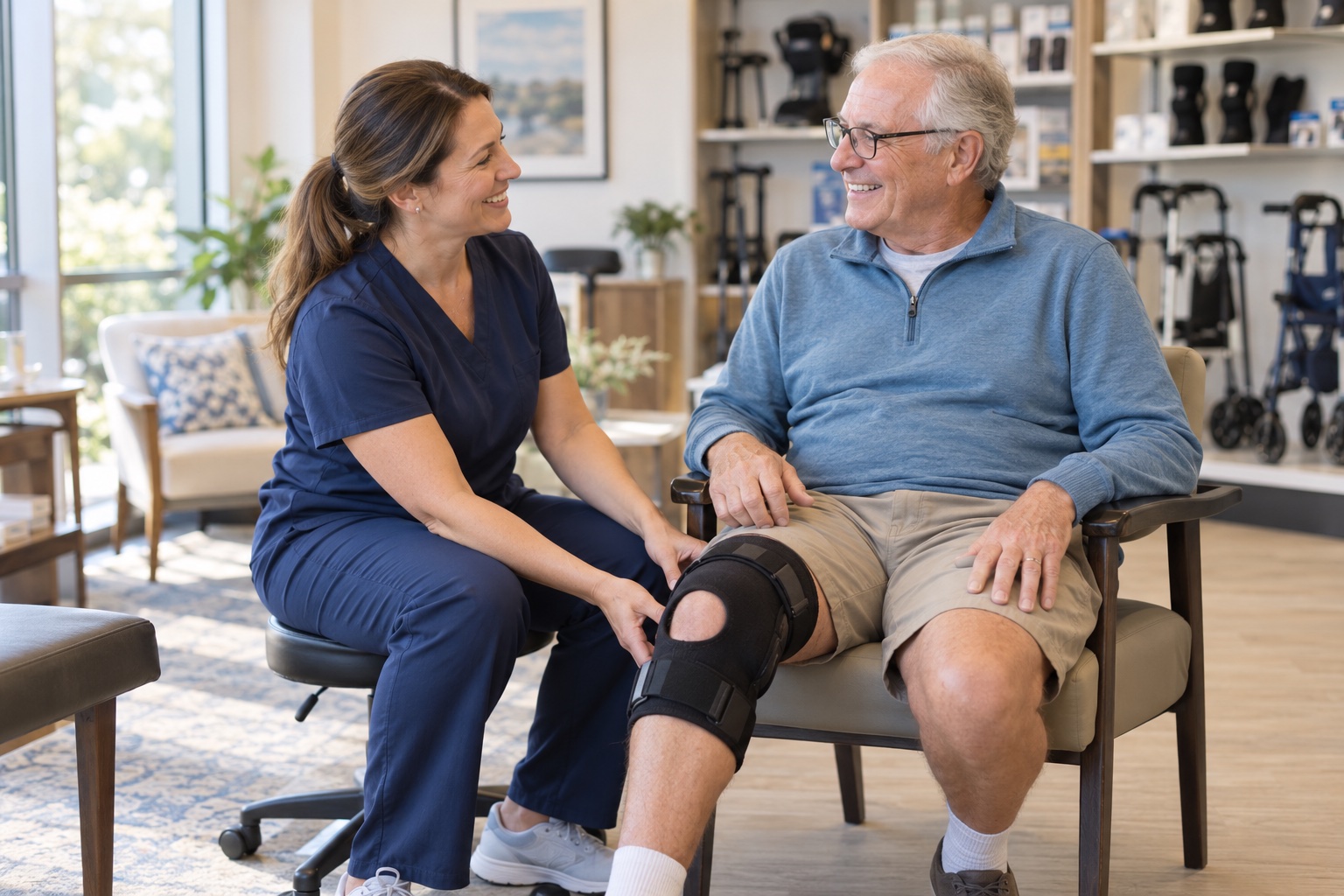 A smiling DME specialist helping a relaxed patient with a knee brace